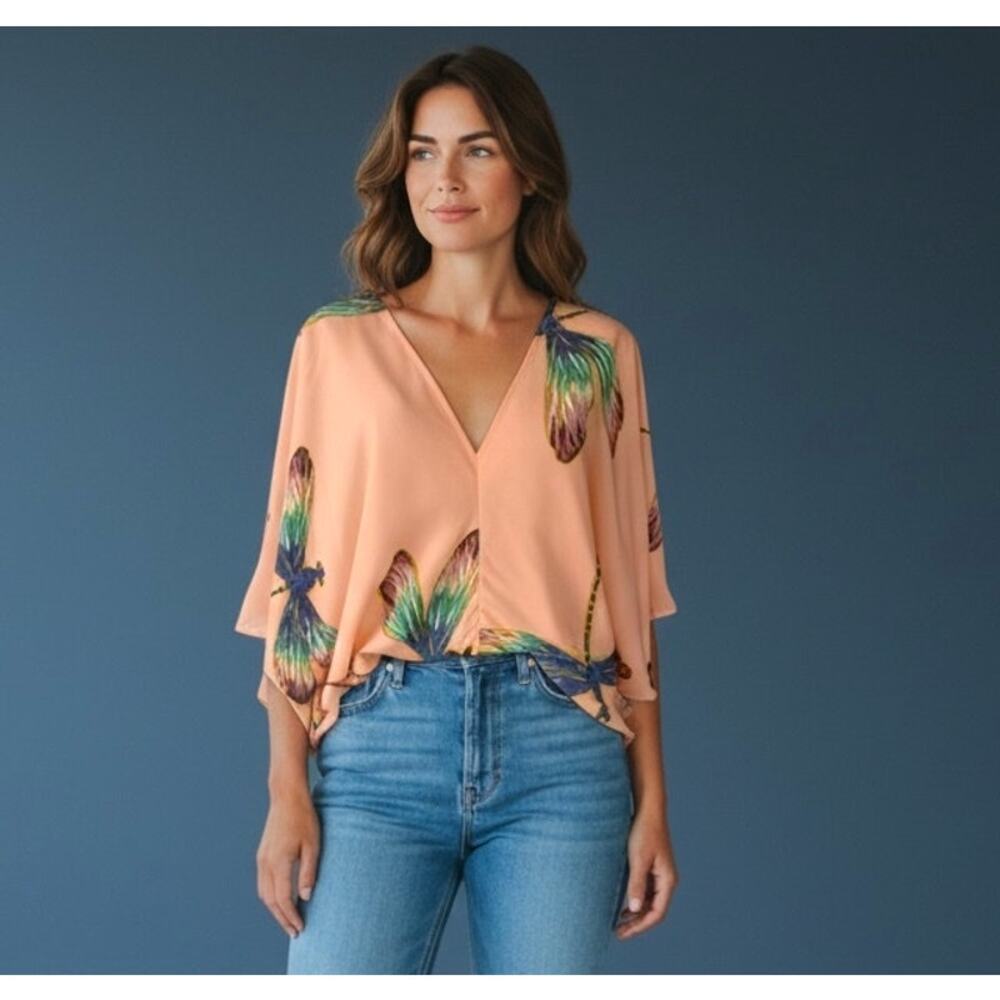 Ramona LaRue 100% Silk Dragonfly Kimono Blouse Top Peach Pink Size S Made in USA